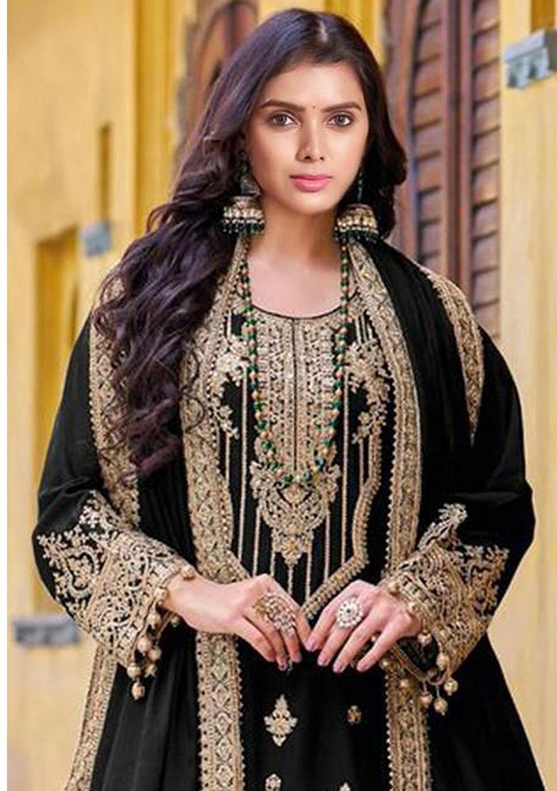 Black Embroidered Velvet Sharara Set