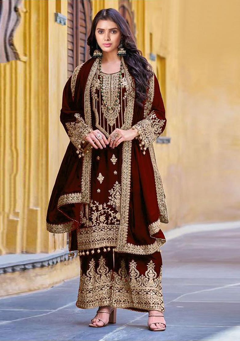 Maroon Embroidered Velvet Sharara Set