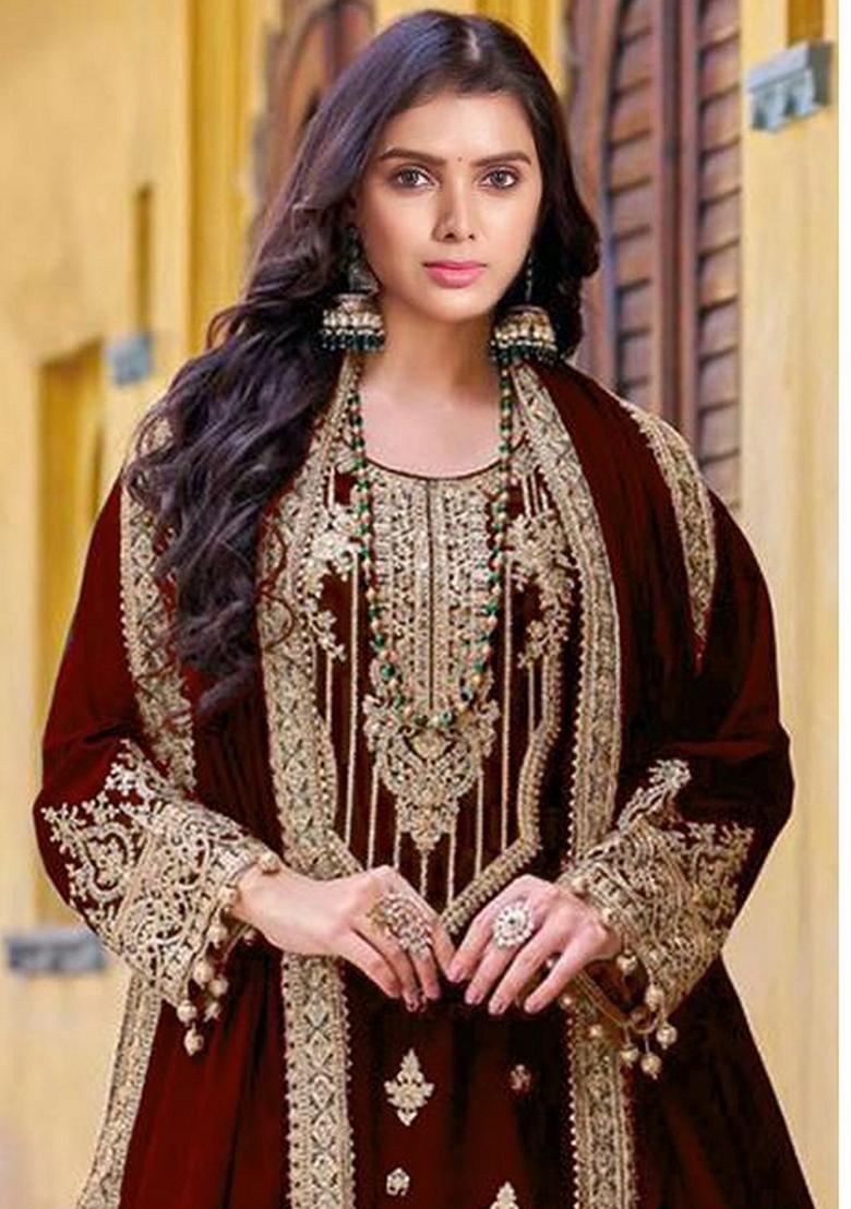 Maroon Embroidered Velvet Sharara Set