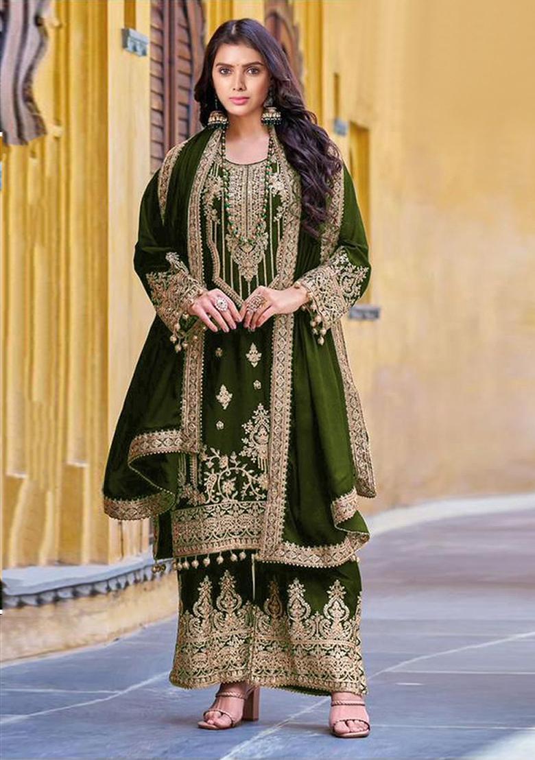 Dark Green Embroidered Velvet Sharara Set