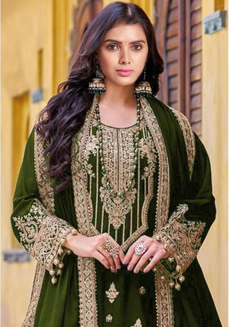 Dark Green Embroidered Velvet Sharara Set