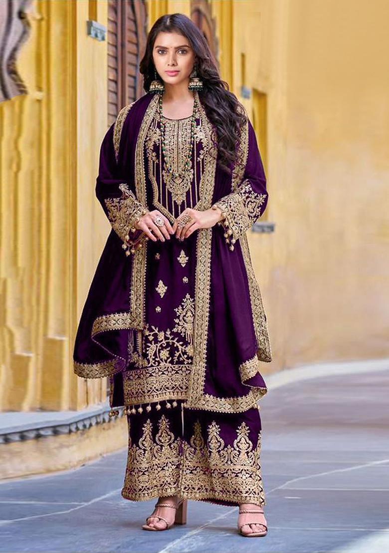 Wine Embroidered Velvet Sharara Set