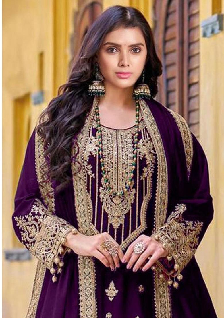 Wine Embroidered Velvet Sharara Set