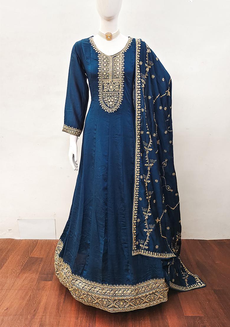Navy Blue Embroidered Silk Anarkali Suit Set