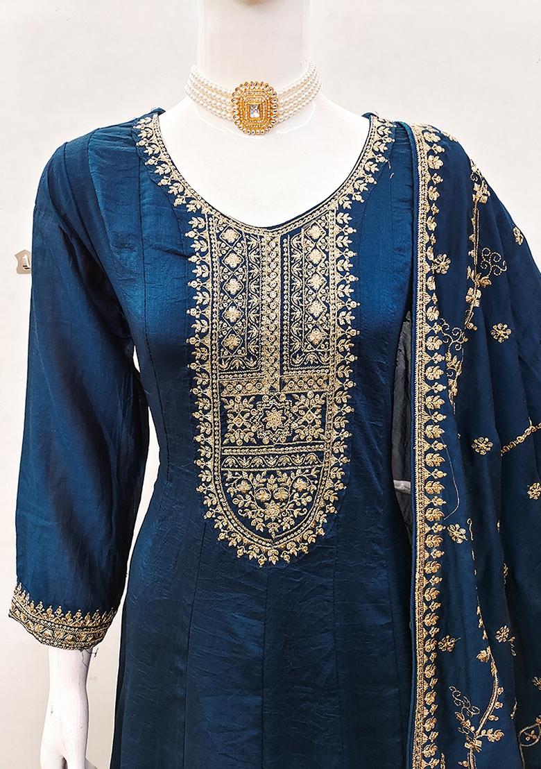 Navy Blue Embroidered Silk Anarkali Suit Set