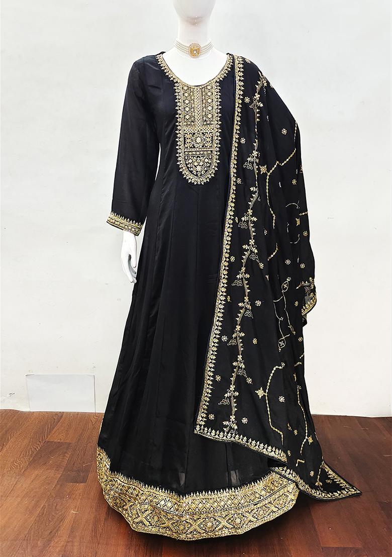 Black Embroidered Silk Anarkali Suit Set
