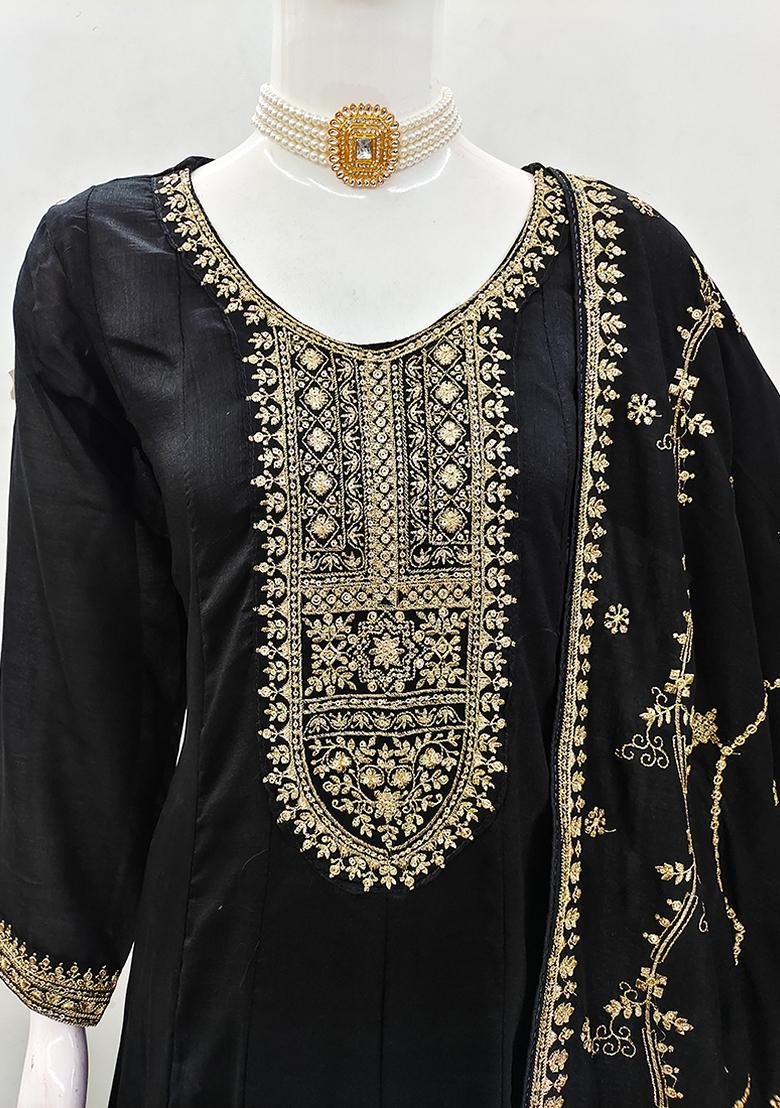 Black Embroidered Silk Anarkali Suit Set