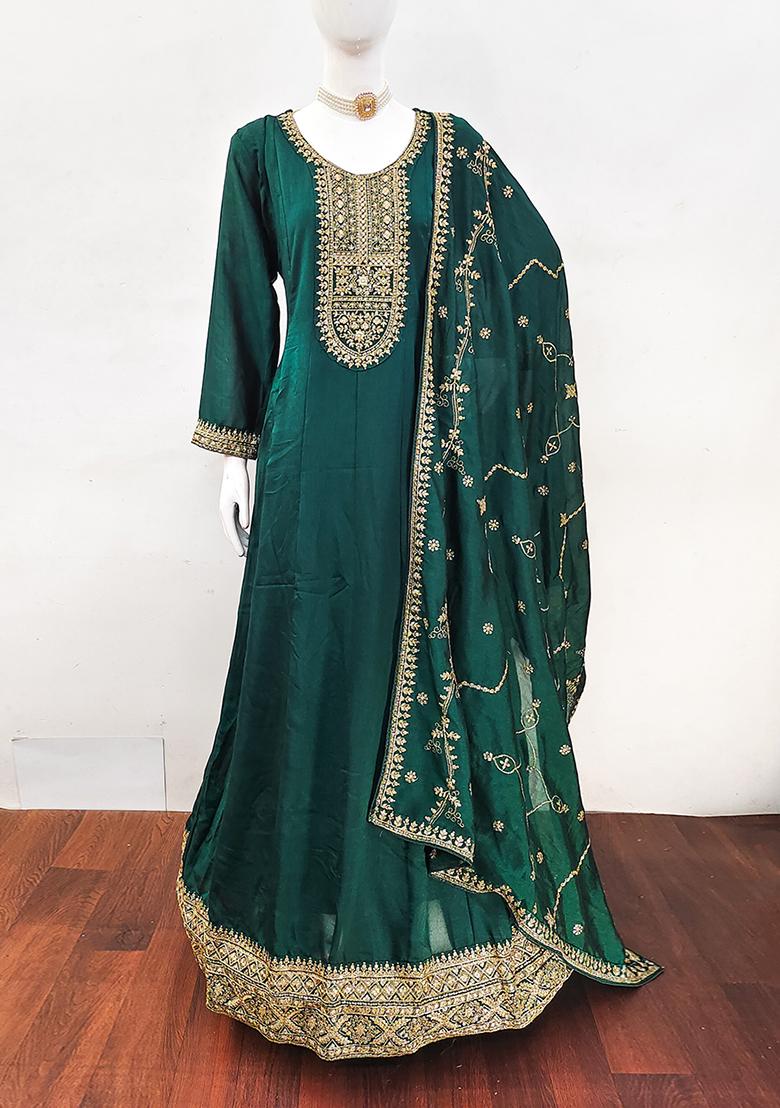 Dark Green Embroidered Silk Anarkali Suit Set