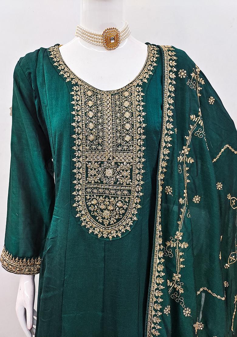 Dark Green Embroidered Silk Anarkali Suit Set