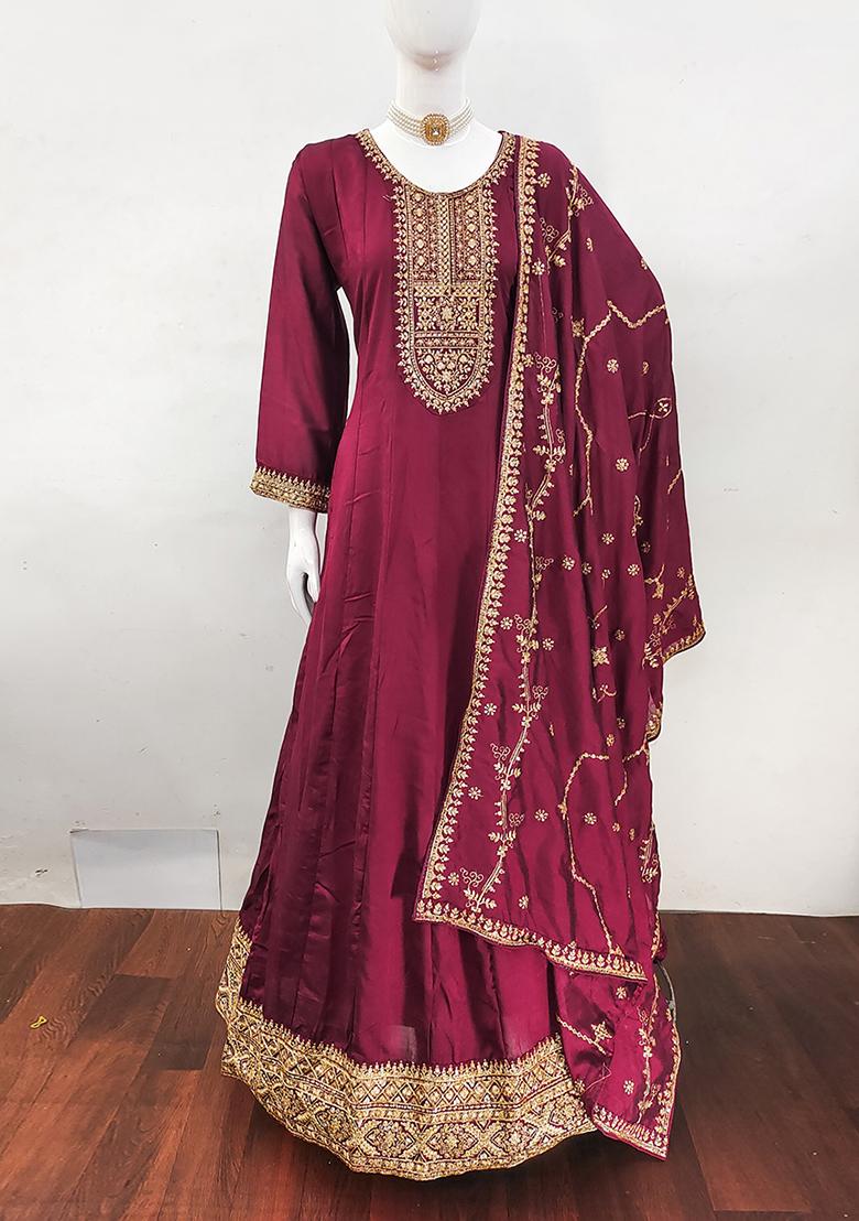 Burgundy Embroidered Silk Anarkali Suit Set