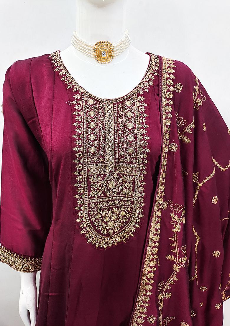Burgundy Embroidered Silk Anarkali Suit Set
