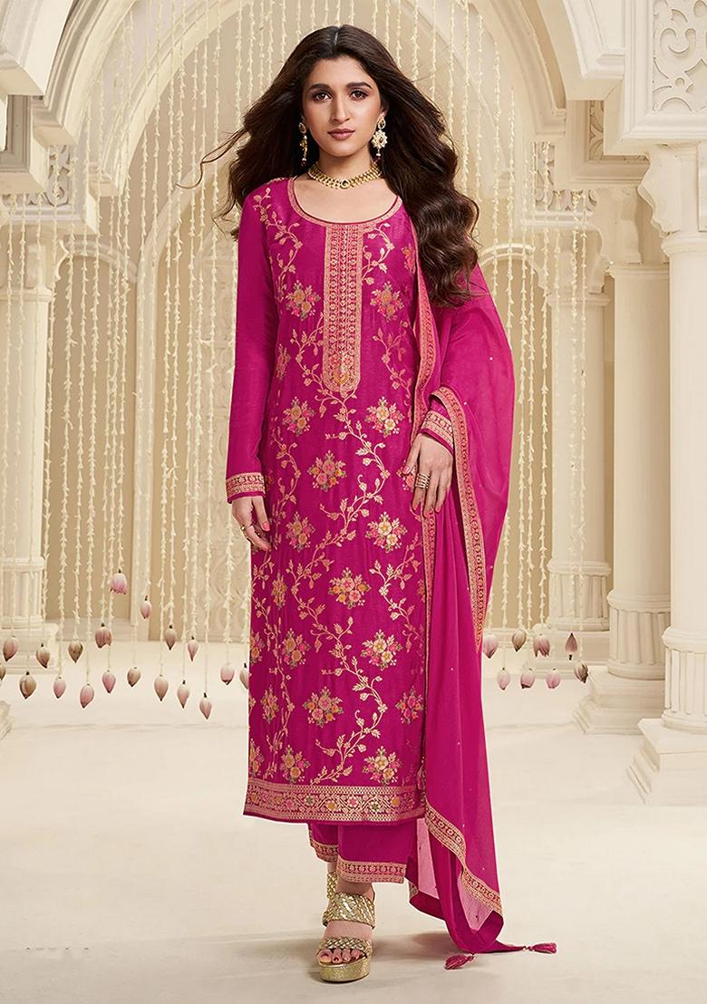Rani Pink Embroidered Jacquard Anarkali Suit Set
