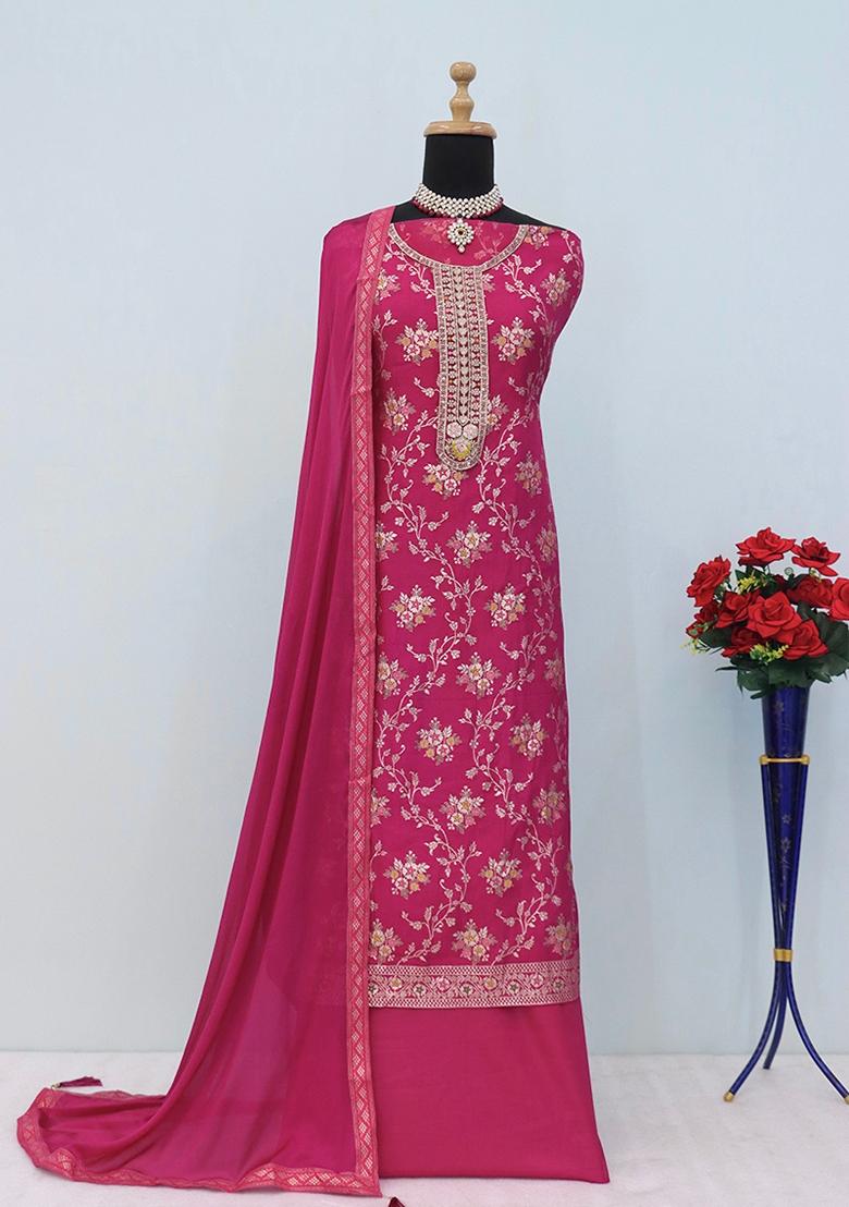 Rani Pink Embroidered Jacquard Anarkali Suit Set