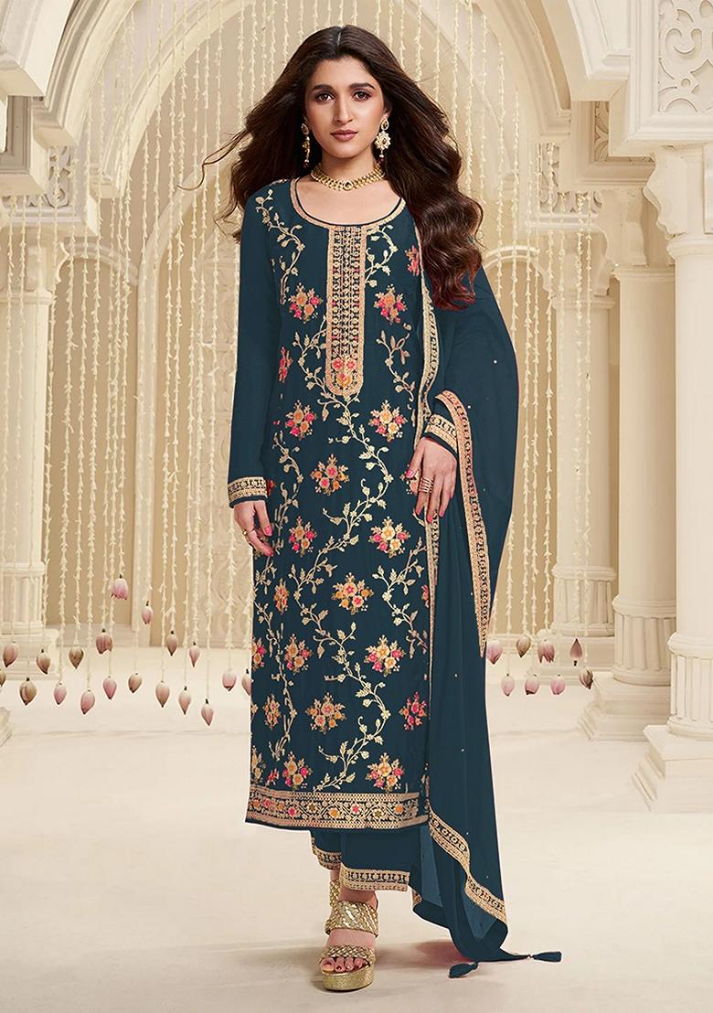 Dark Teal Embroidered Jacquard Anarkali Suit Set