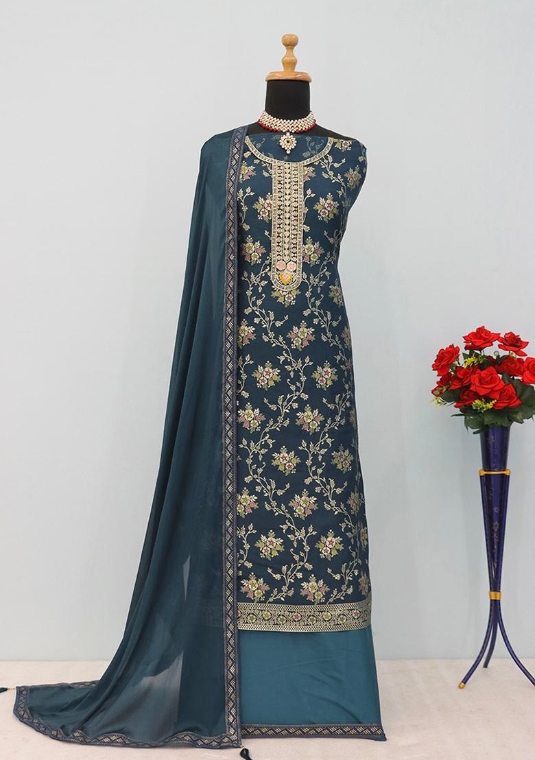Dark Teal Embroidered Jacquard Anarkali Suit Set