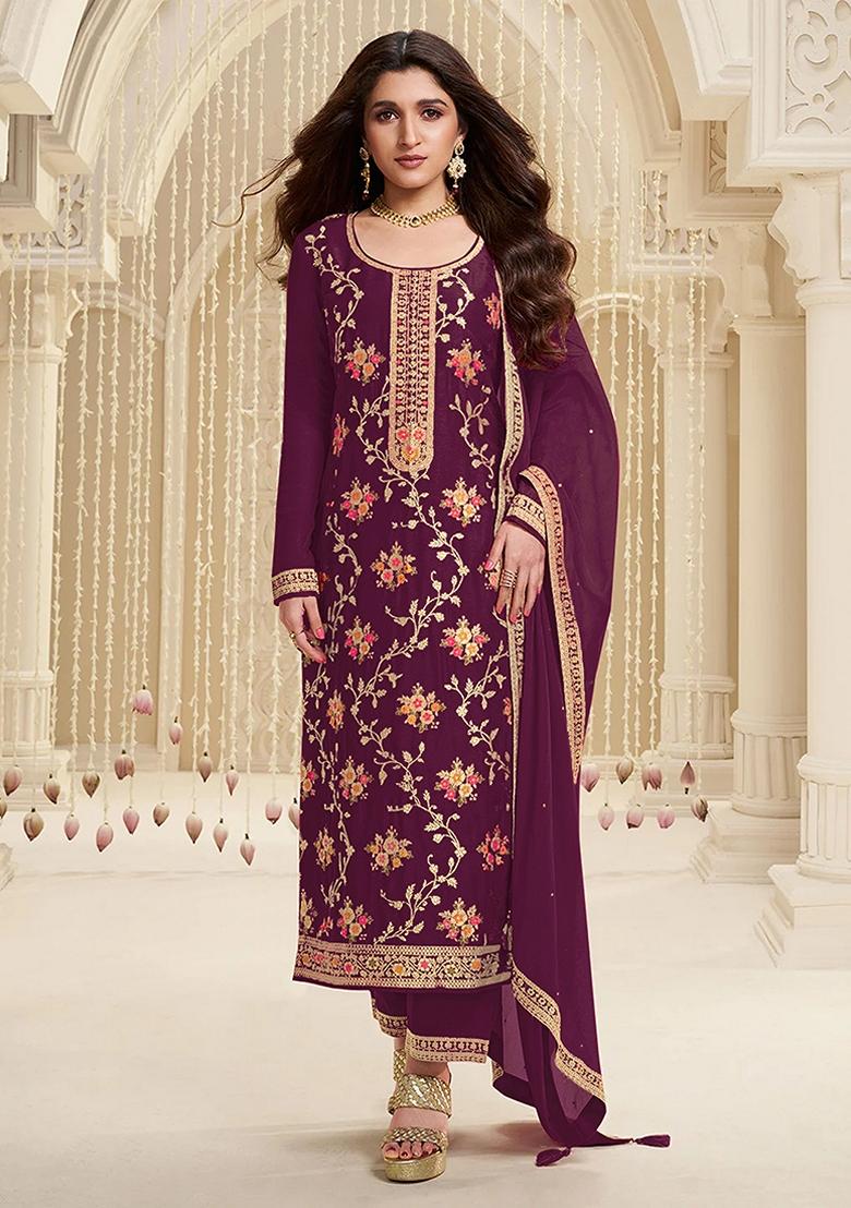 Wine Embroidered Jacquard Anarkali Suit Set