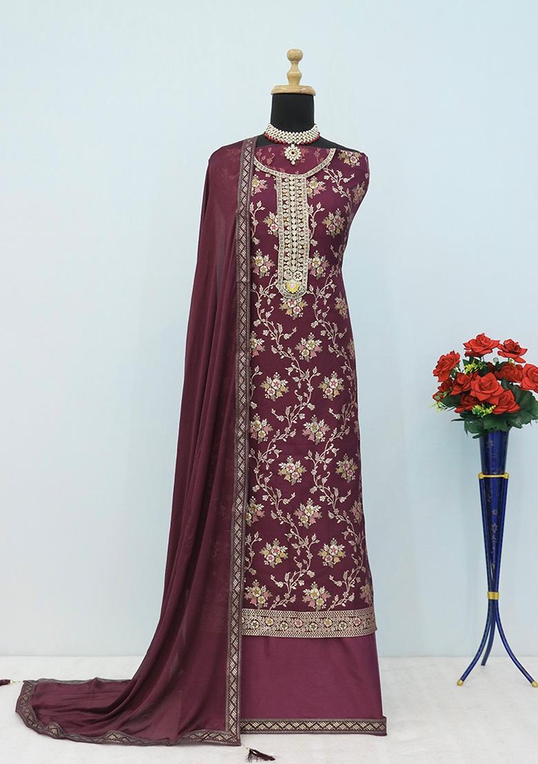 Wine Embroidered Jacquard Anarkali Suit Set