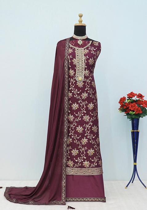WOMEN WINE COLOURED ANARKALI EMBROIDERY SUIT SET STITCHED
