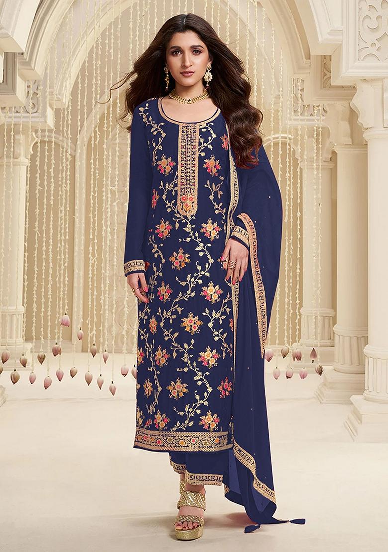 Navy Blue Embroidered Jacquard Anarkali Suit Set