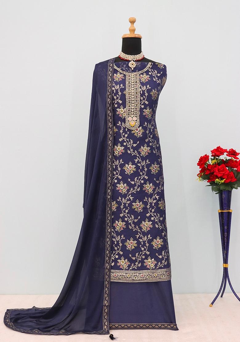 Navy Blue Embroidered Jacquard Anarkali Suit Set