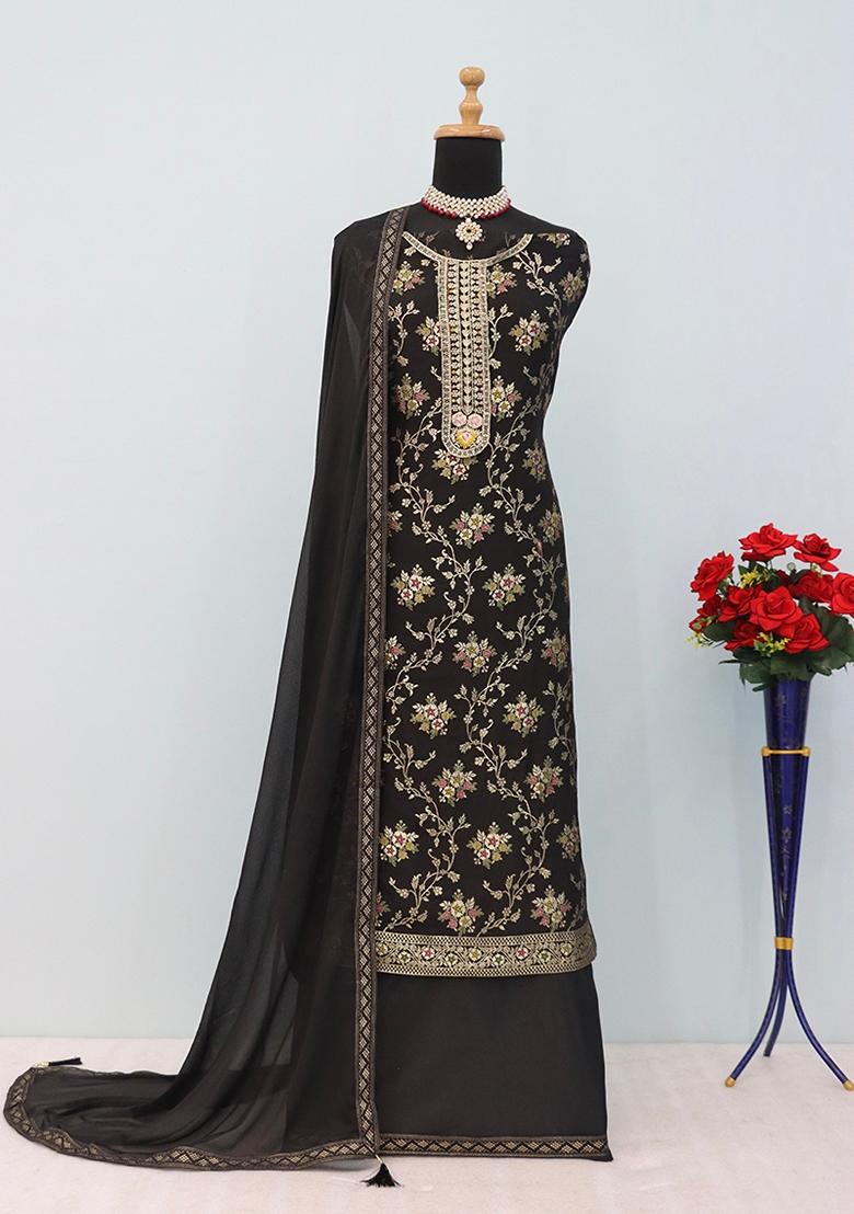 Black Embroidered Jacquard Anarkali Suit Set