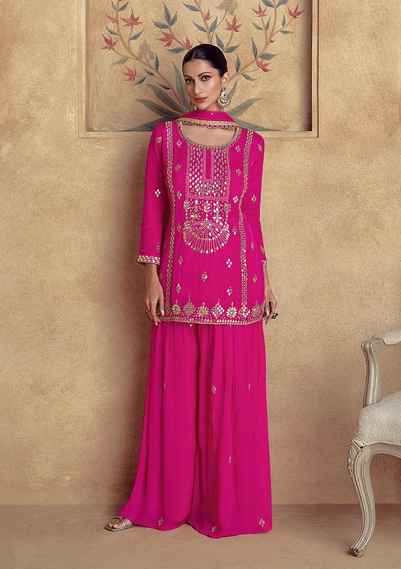 Hot Pink Embroidered Chinon Anarkali Suit Set