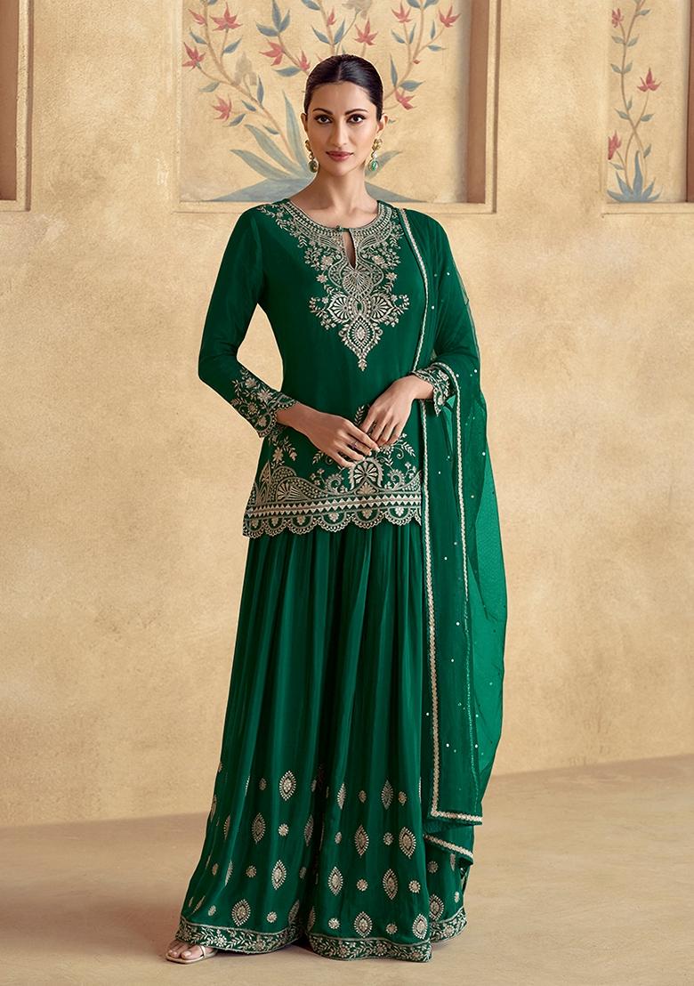 Dark Green Embroidered Chinon Anarkali Suit Set