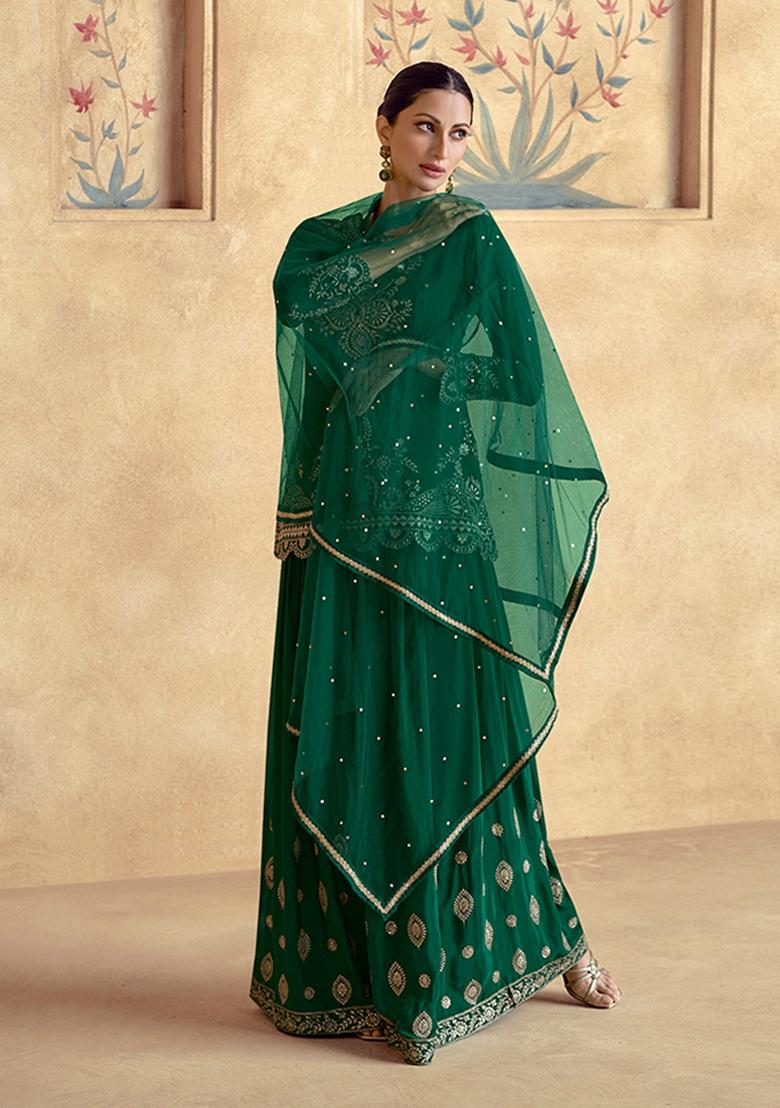 Dark Green Embroidered Chinon Anarkali Suit Set