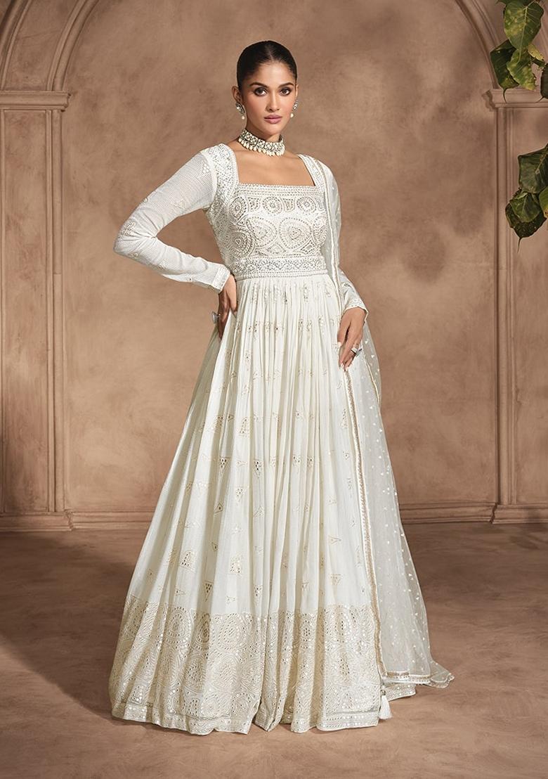 White Embroidered Georgette Anarkali Suit Set