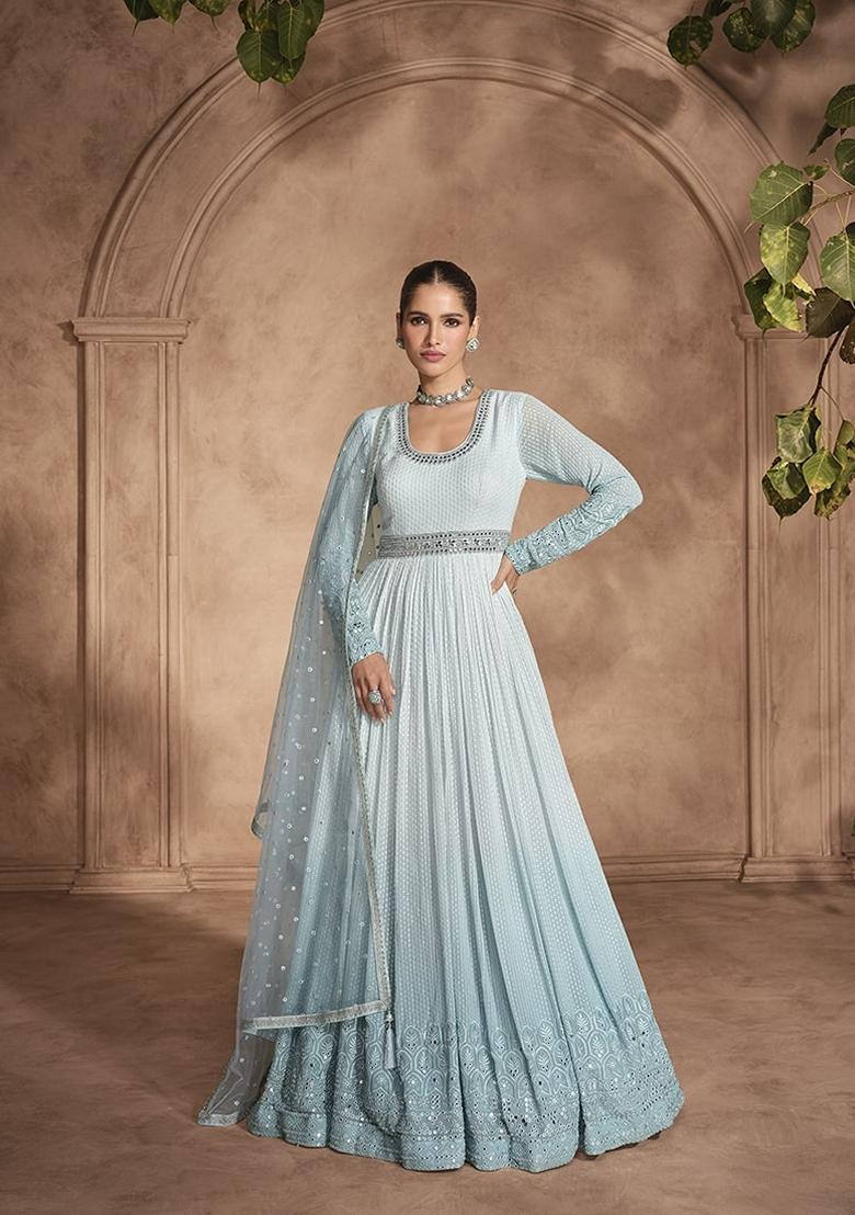 Sky Blue Embroidered Georgette Anarkali Suit Set