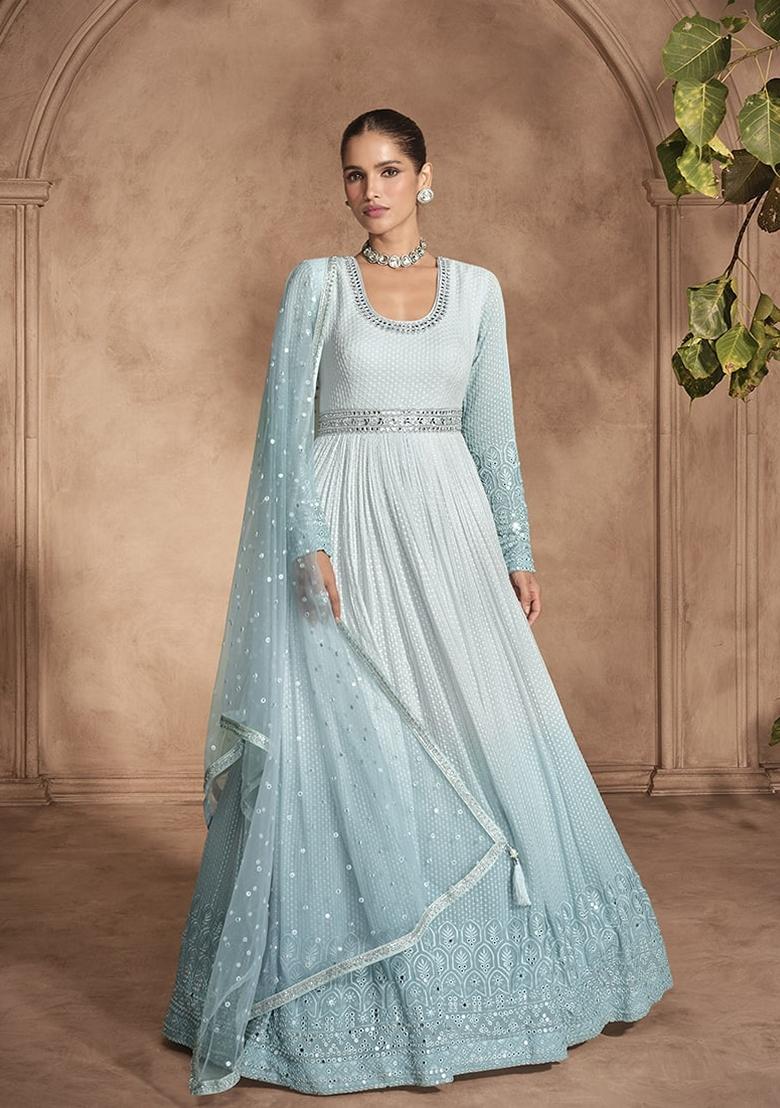 Sky Blue Embroidered Georgette Anarkali Suit Set