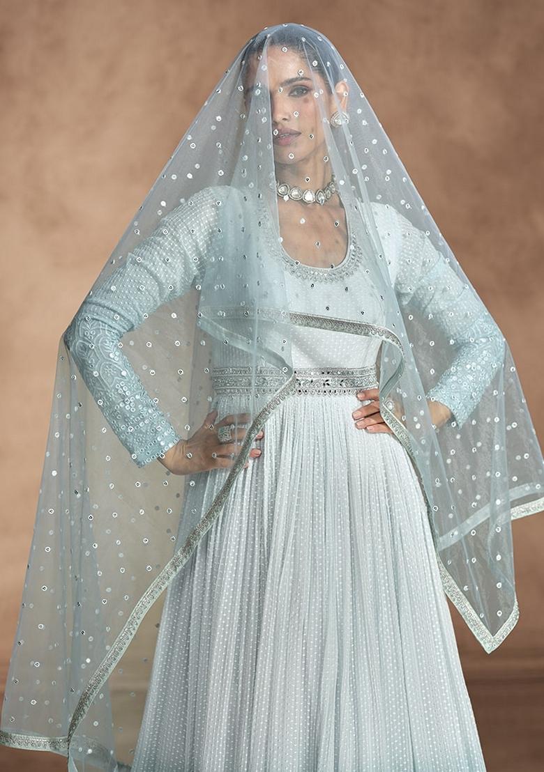 Sky Blue Embroidered Georgette Anarkali Suit Set