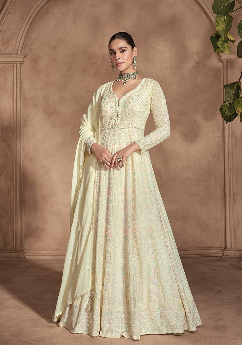 Cream Embroidered Georgette Anarkali Suit Set