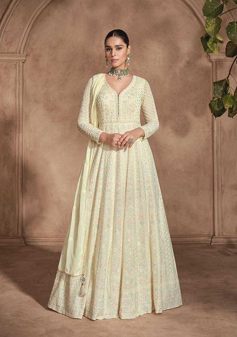 Cream Embroidered Georgette Anarkali Suit Set