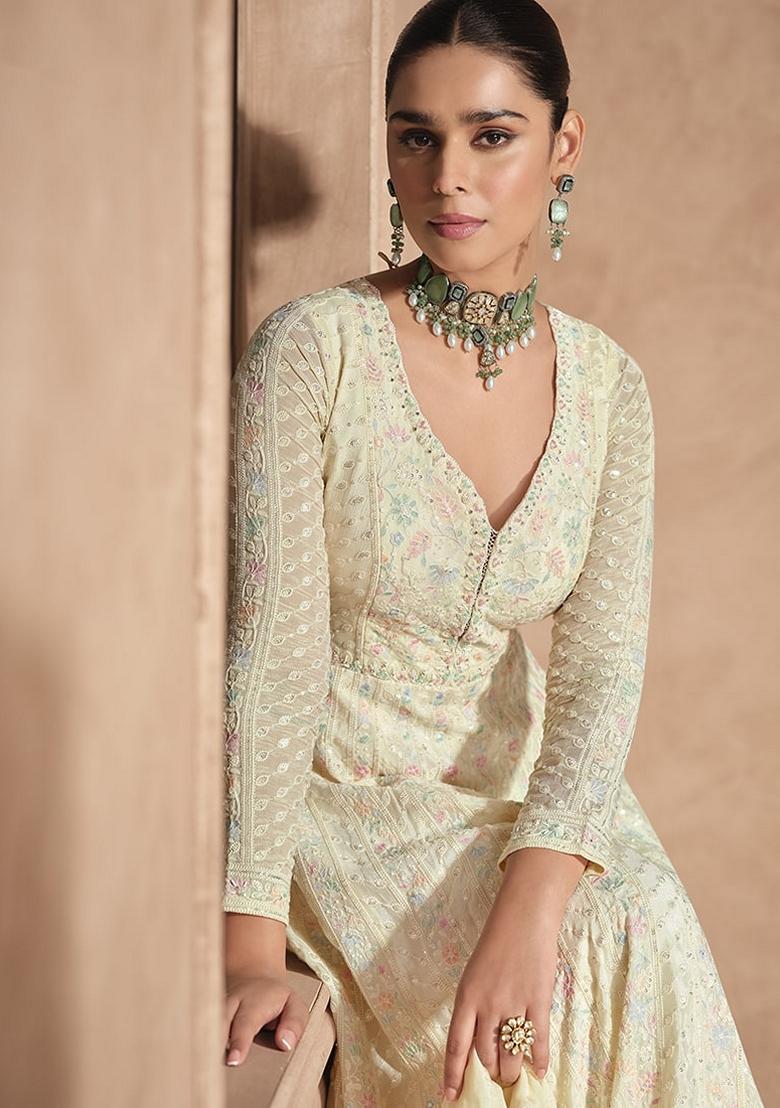 Cream Embroidered Georgette Anarkali Suit Set