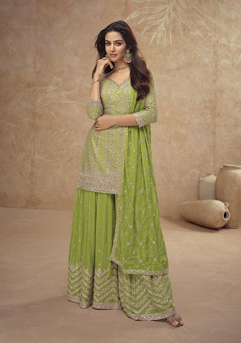Light Green Embroidered Chinon Sharara Set