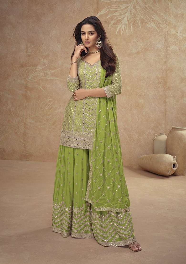 Light Green Embroidered Chinon Sharara Set - Indya