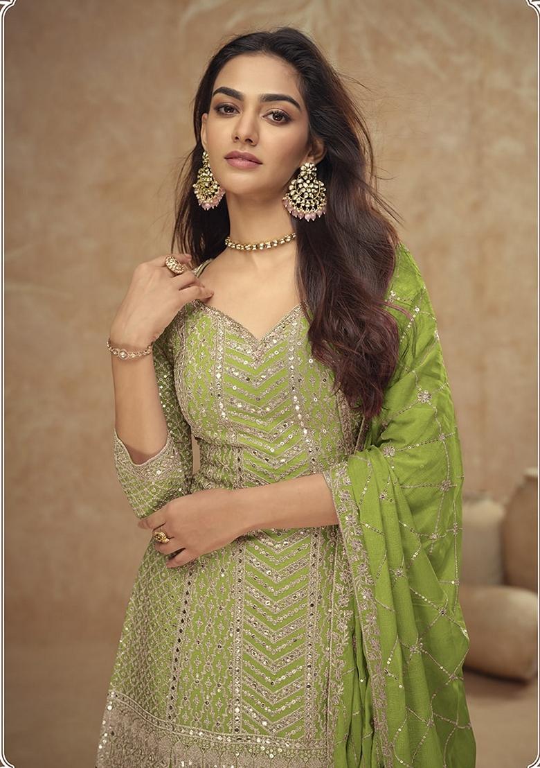 Light Green Embroidered Chinon Sharara Set