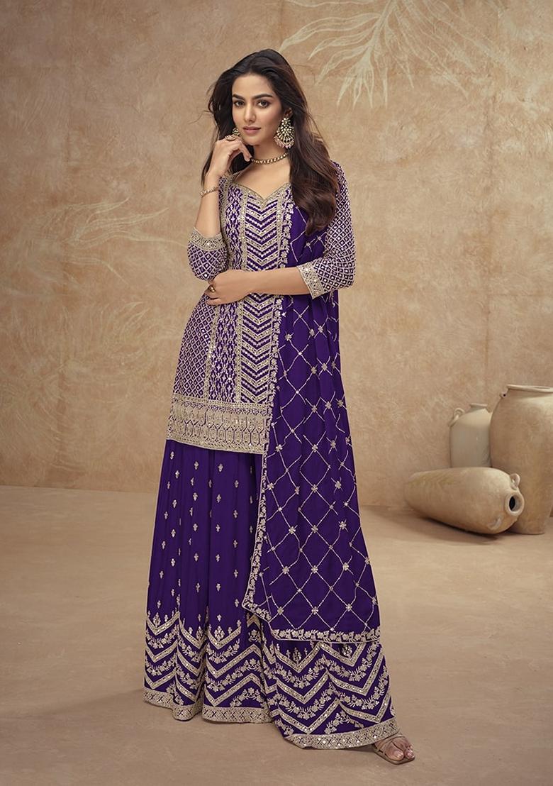 Violet Embroidered Chinon Sharara Set