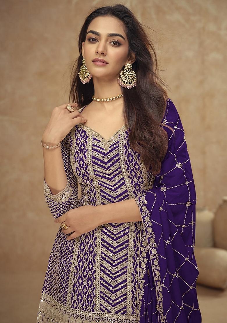 Violet Embroidered Chinon Sharara Set