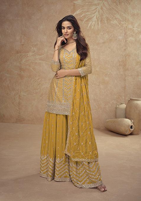 Amber Embroidered Chinon Sharara Set
