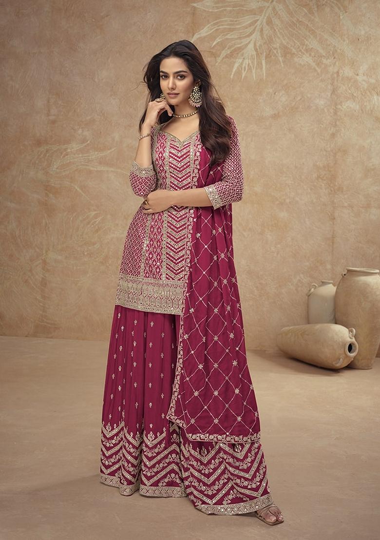 Rani Pink Embroidered Chinon Sharara Set