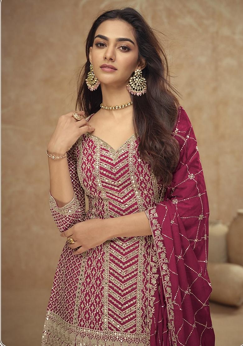 Rani Pink Embroidered Chinon Sharara Set