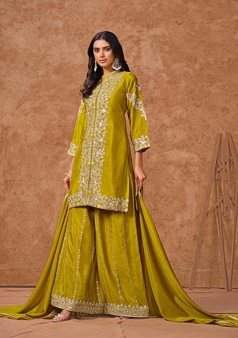 Pear Embroidered Chinon Sharara Set