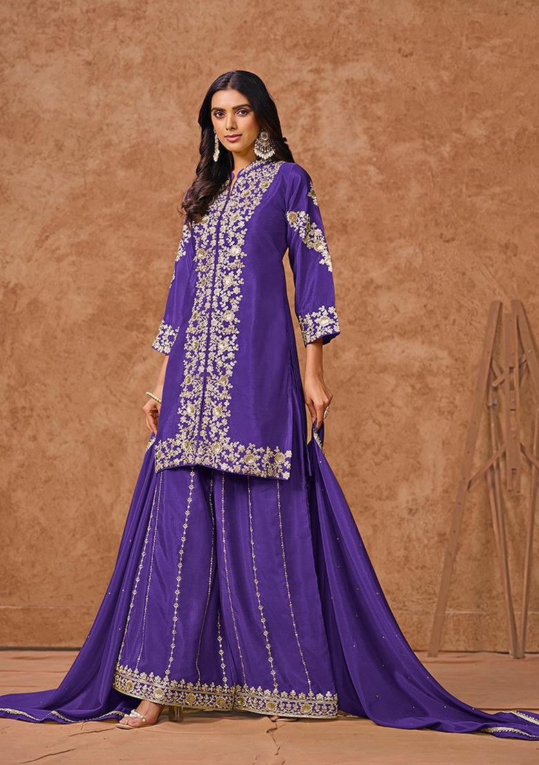 Violet Embroidered Chinon Sharara Set