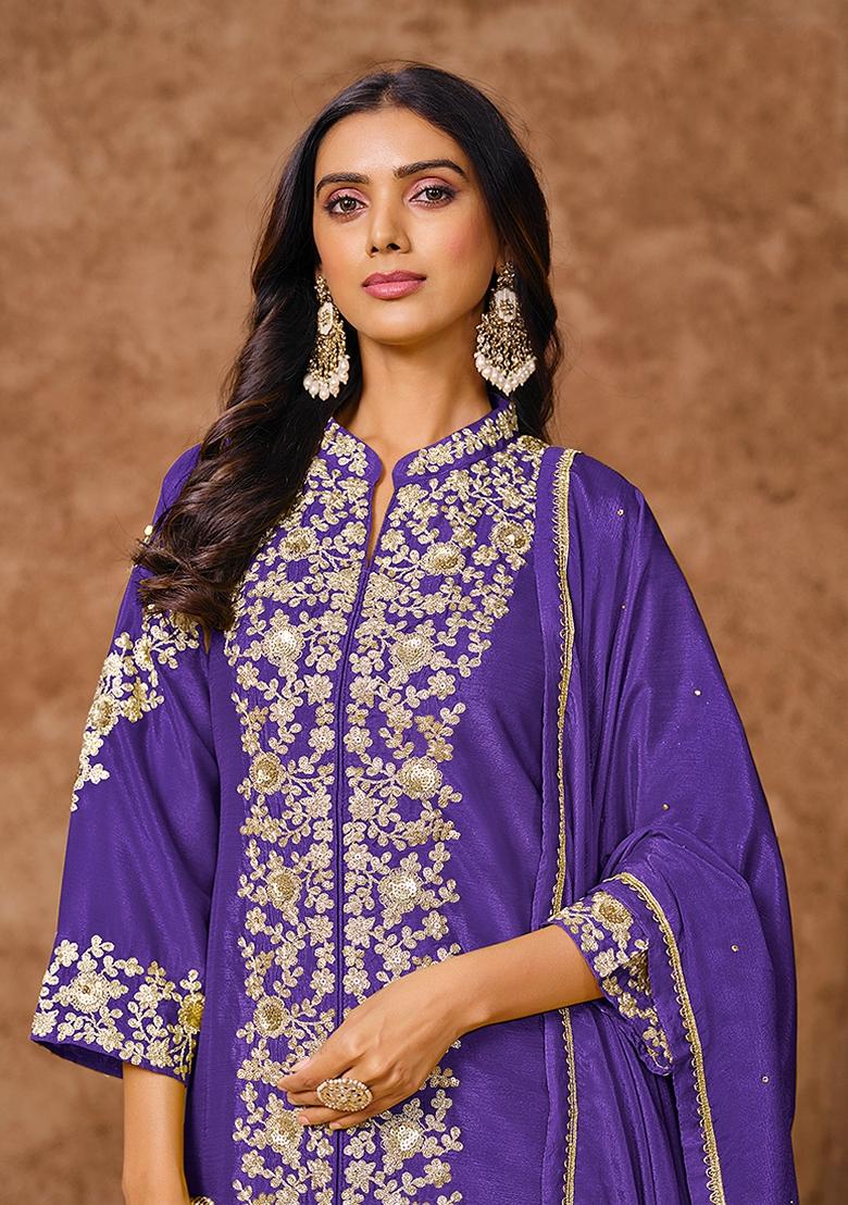 Violet Embroidered Chinon Sharara Set