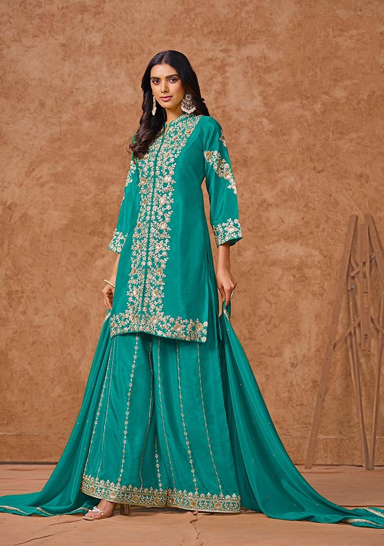Rama Blue Embroidered Chinon Sharara Set