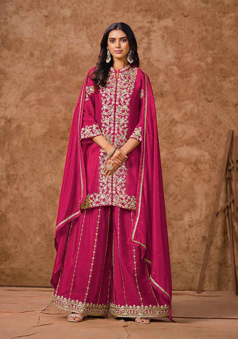 Rani Pink Embroidered Chinon Sharara Set