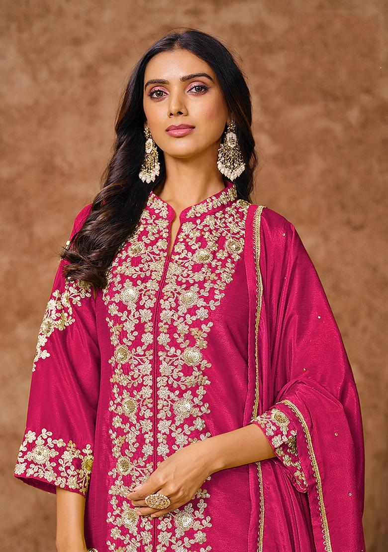 Rani Pink Embroidered Chinon Sharara Set