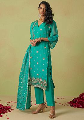 Sky Blue Embroidered Organza Kurta Set